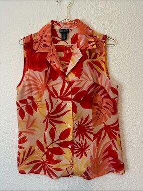 🌺 Vintage Rafaella Red & Coral Tropical Print Sleeveless Button-Down Shirt Sz 8
